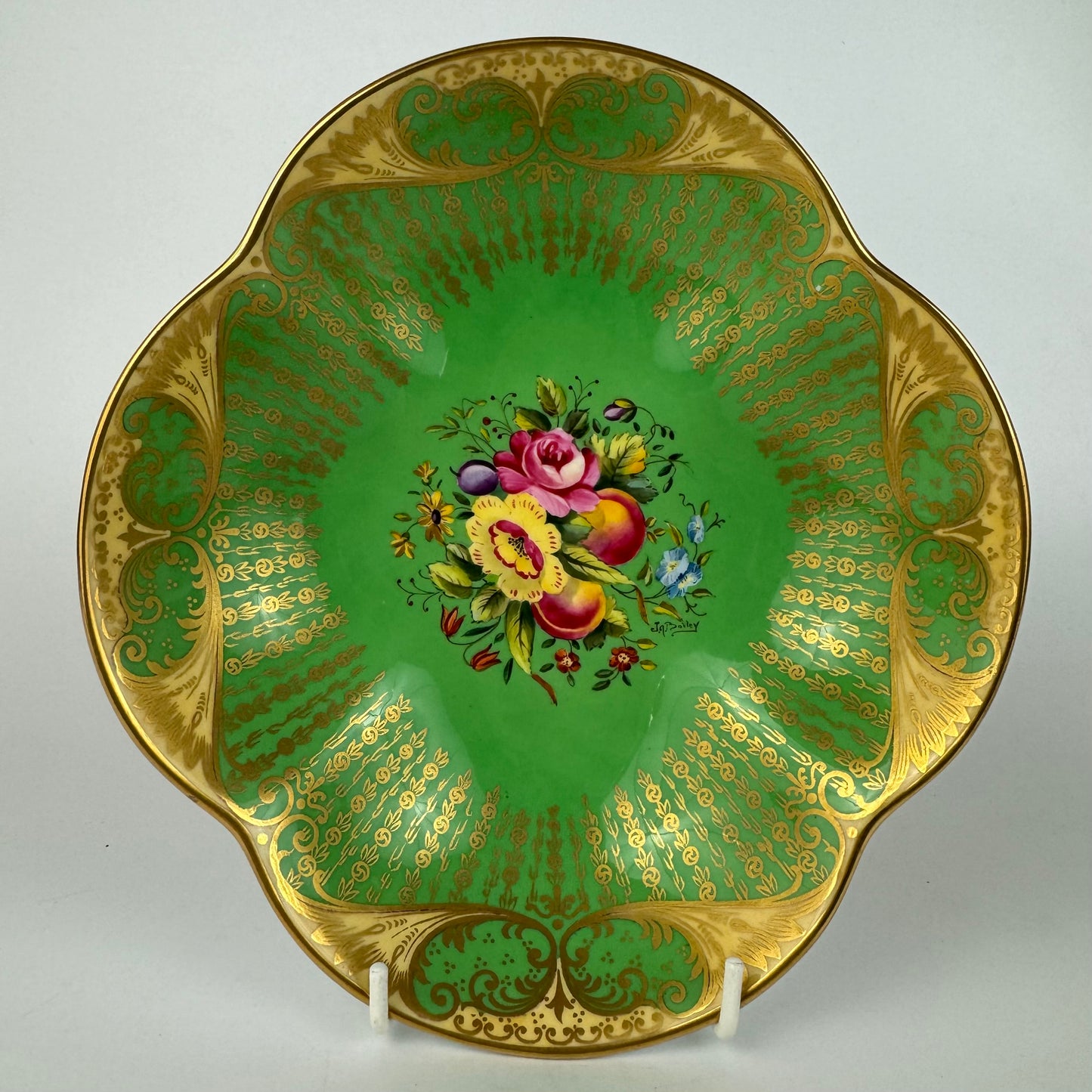 Antique c1891 Wedgwood Serving Dish Artist Signed J.A. Bailey Green Gold Gilt