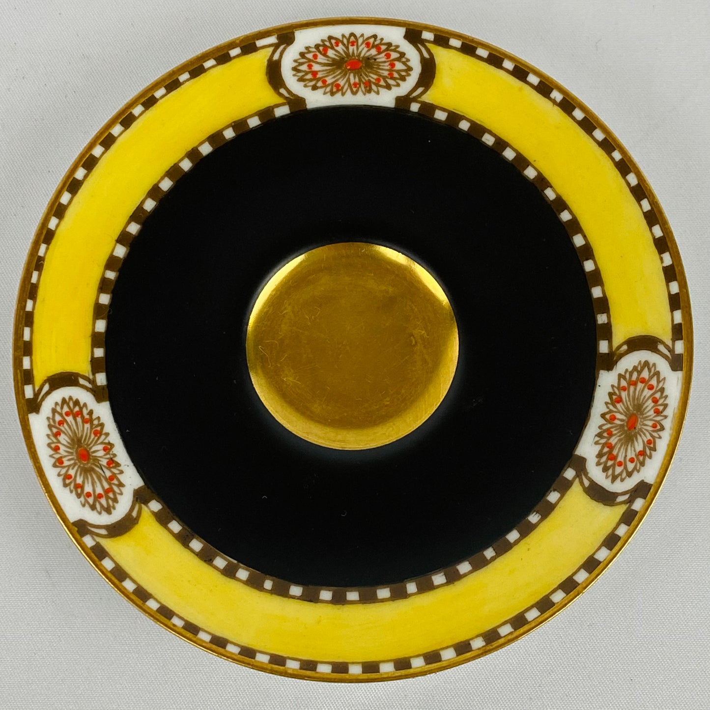 4 Antique Royal Worcester Cups & Saucers Jewelled Black Yellow #2583 Gold Gilt