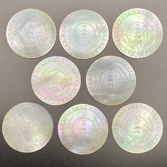 8 Antique 19thc Chinese Pagoda Hand Carved Mother of Pearl Gaming Counter Tokens