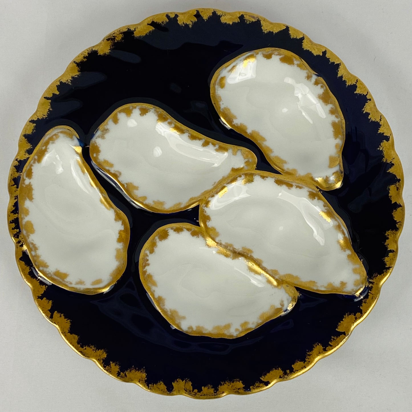 6 Antique Porcelain Limoges Cobalt Blue & Gold Oyster Plates