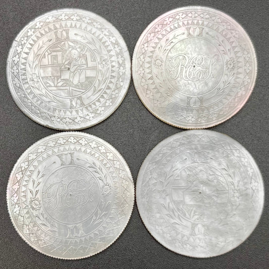 4 Antique 19thc Monogrammed Chinese Hand Carved Mother of Pearl Gaming Counter Tokens