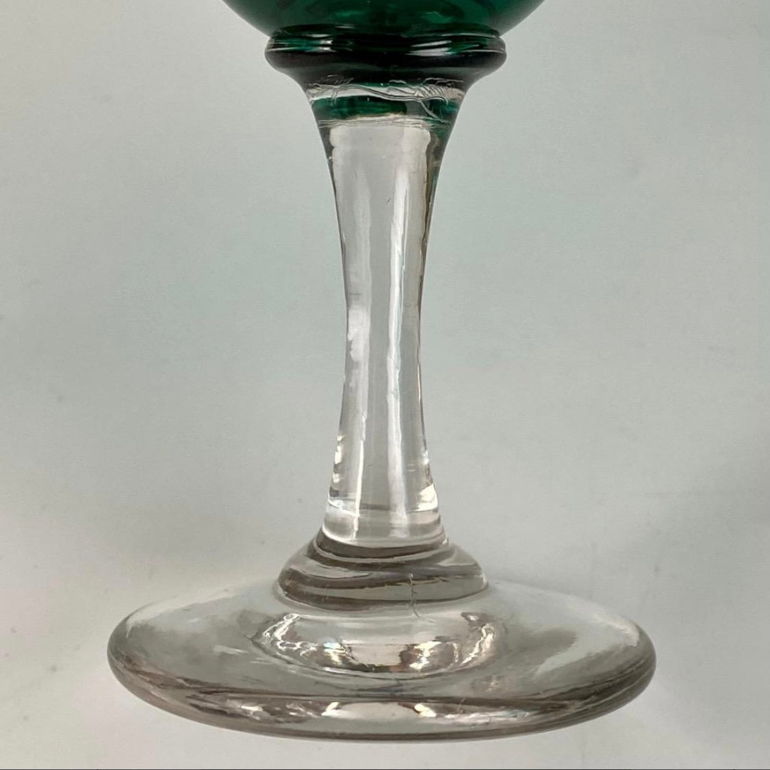 7 x Antique c1870+ Bristol Emerald Green Small Wine / Sherry Glasses Clear Stem