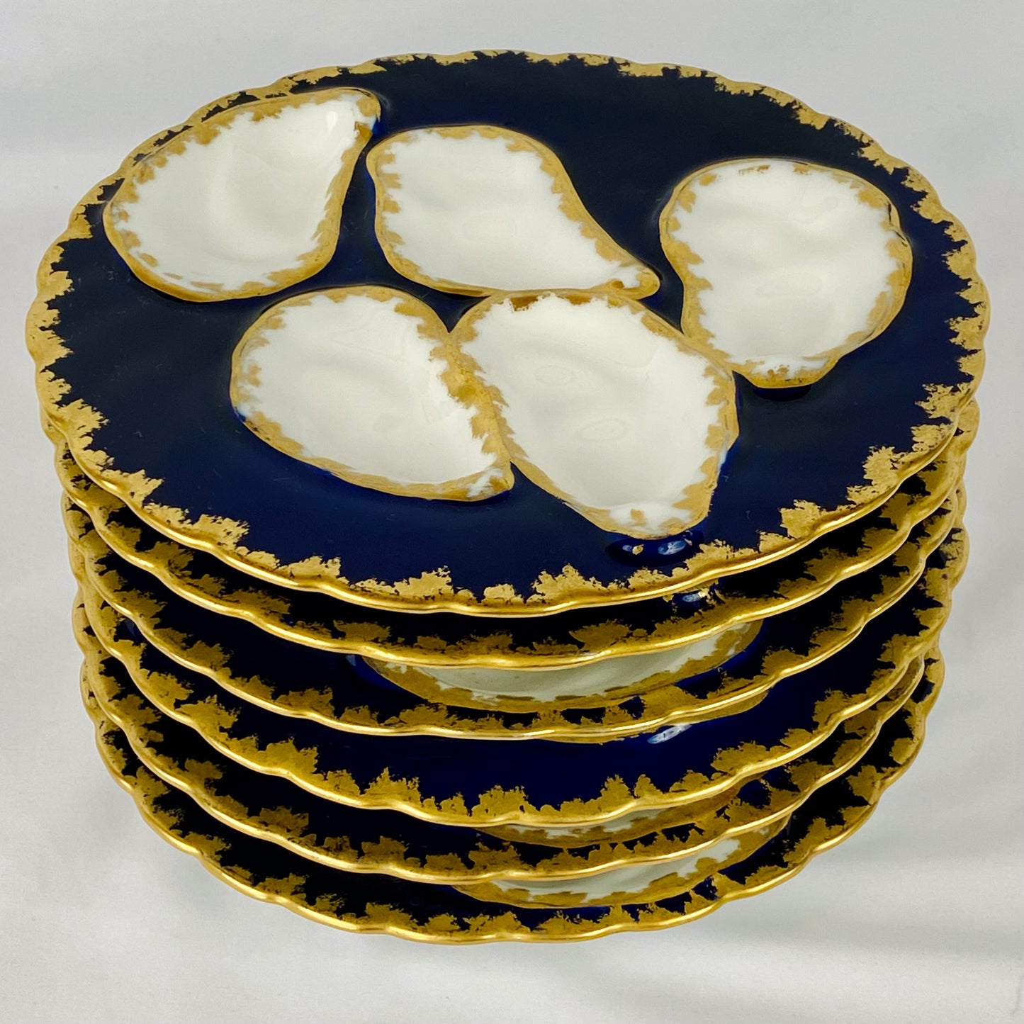 6 Antique Porcelain Limoges Cobalt Blue & Gold Oyster Plates