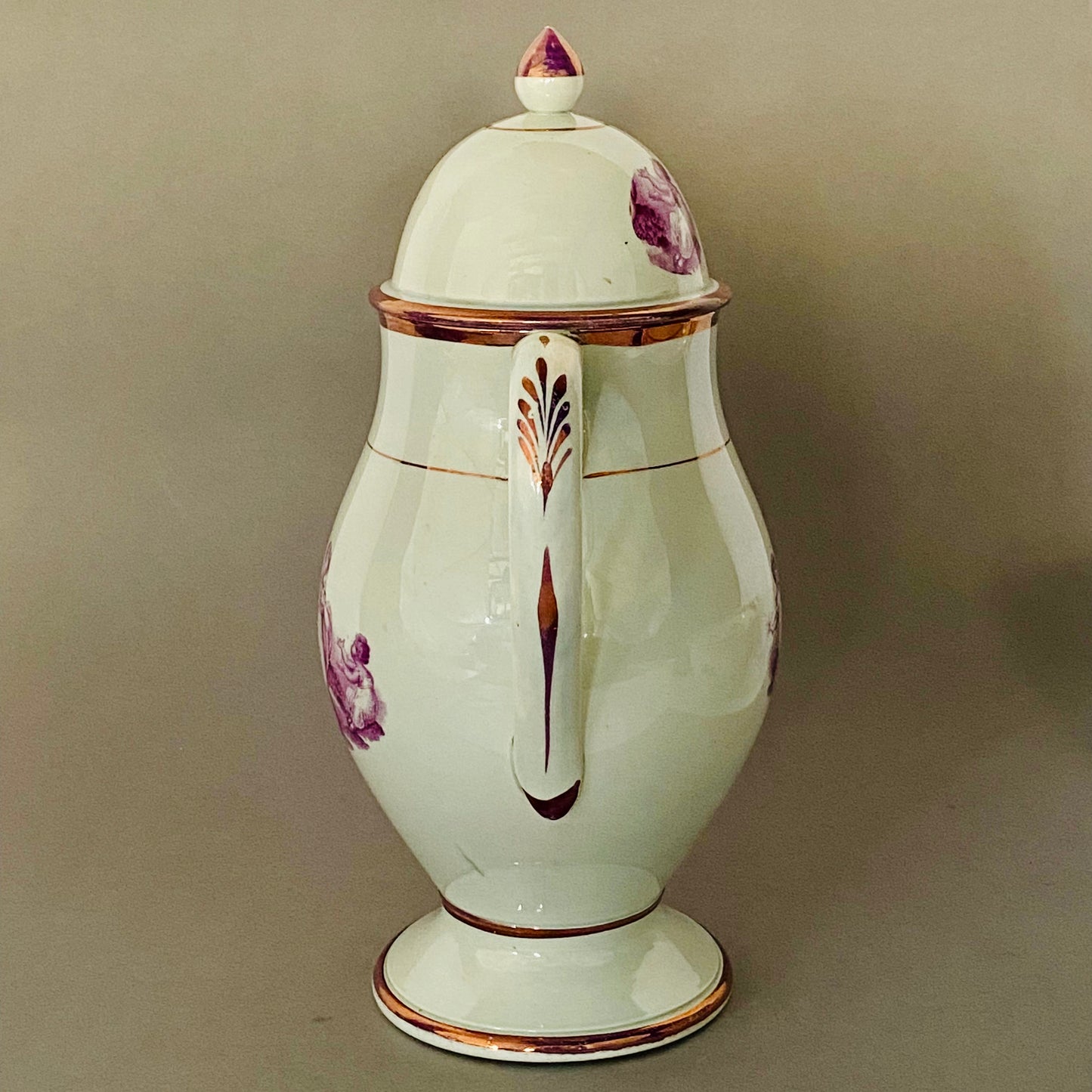 Antique Leeds Pearlware Pink Lustre Coffee Pot with Puce Transfer 18thc English