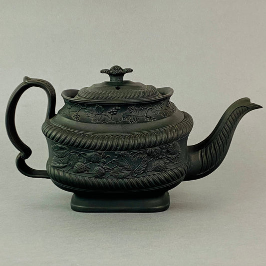 Teapot Hartley Greens & Co Leeds Antique Pottery Black Basalt c1810 Strawberry Moulded Relief