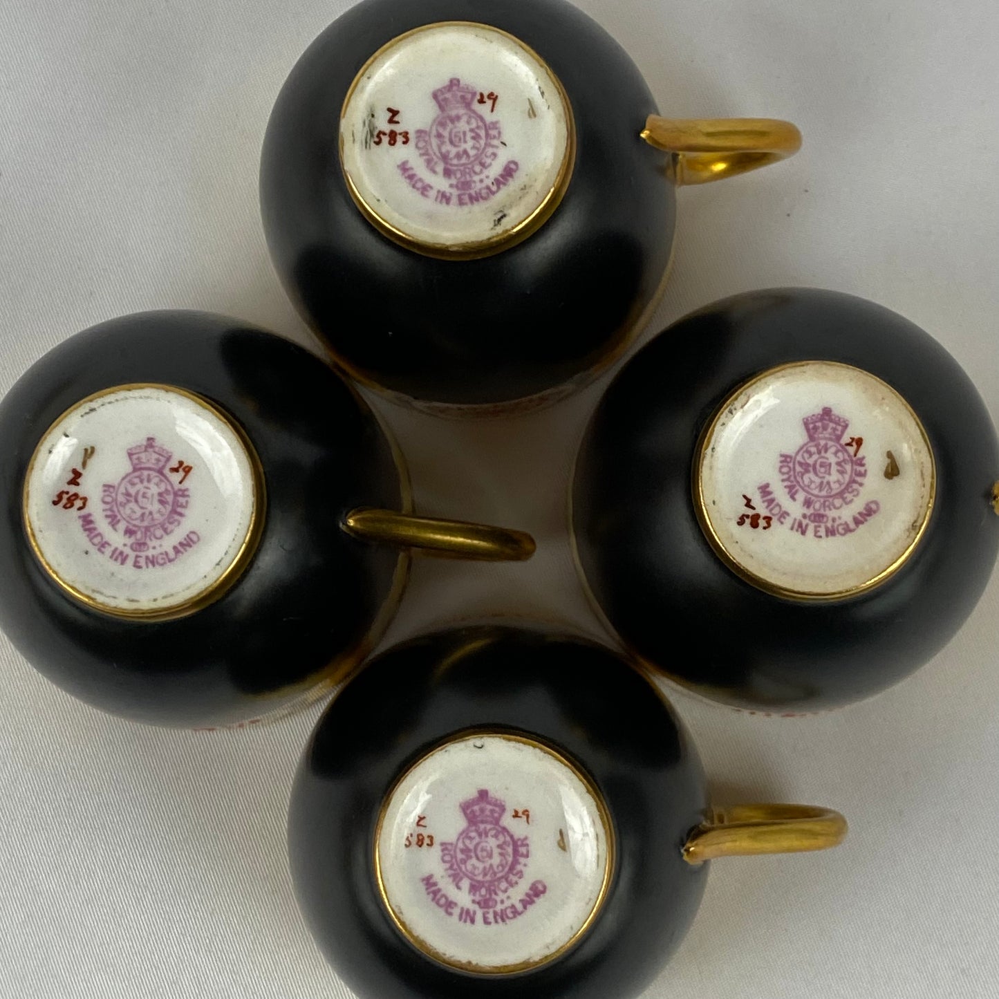 4 Antique Royal Worcester Cups & Saucers Jewelled Black Yellow #2583 Gold Gilt