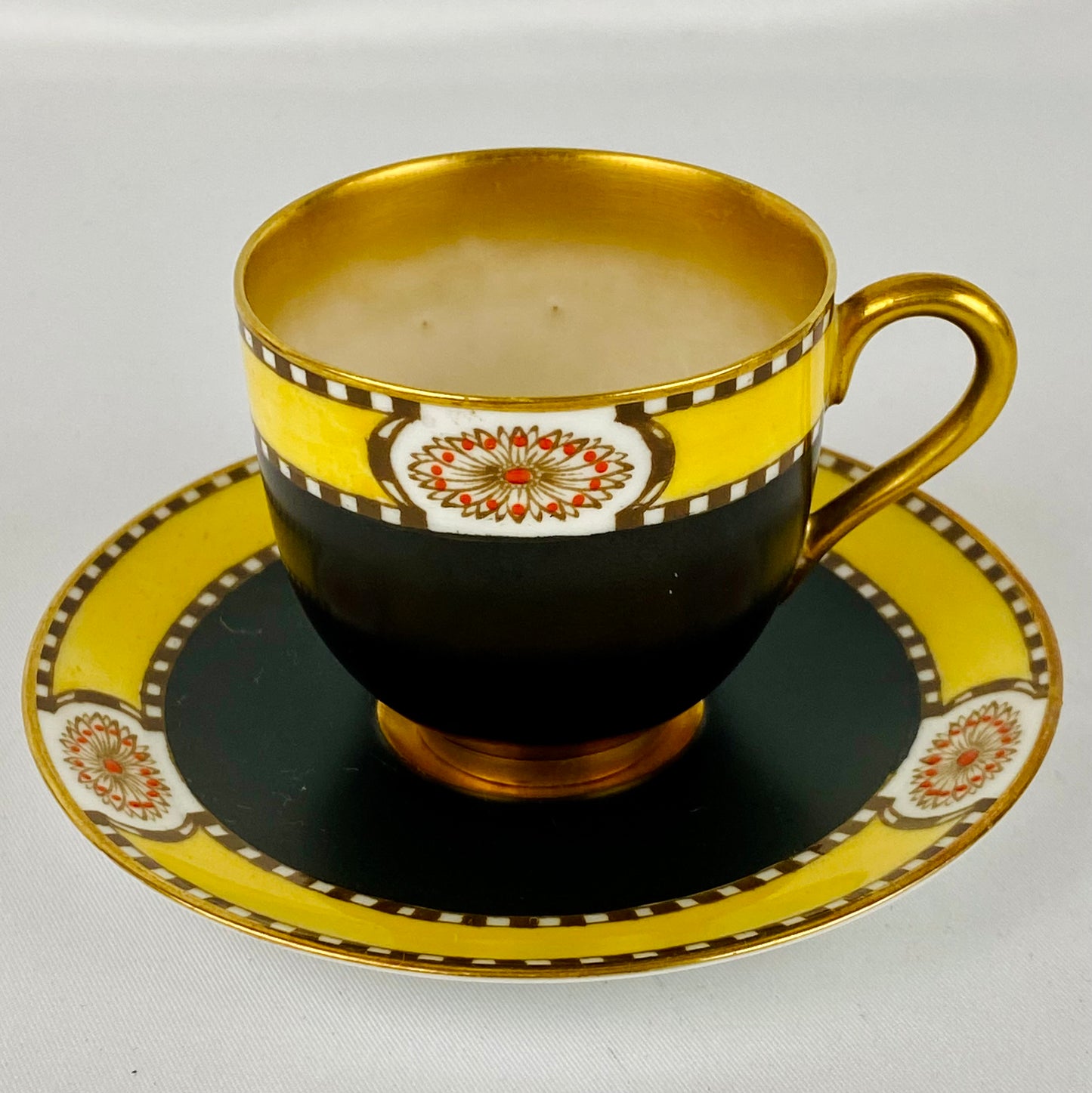 4 Antique Royal Worcester Cups & Saucers Jewelled Black Yellow #2583 Gold Gilt