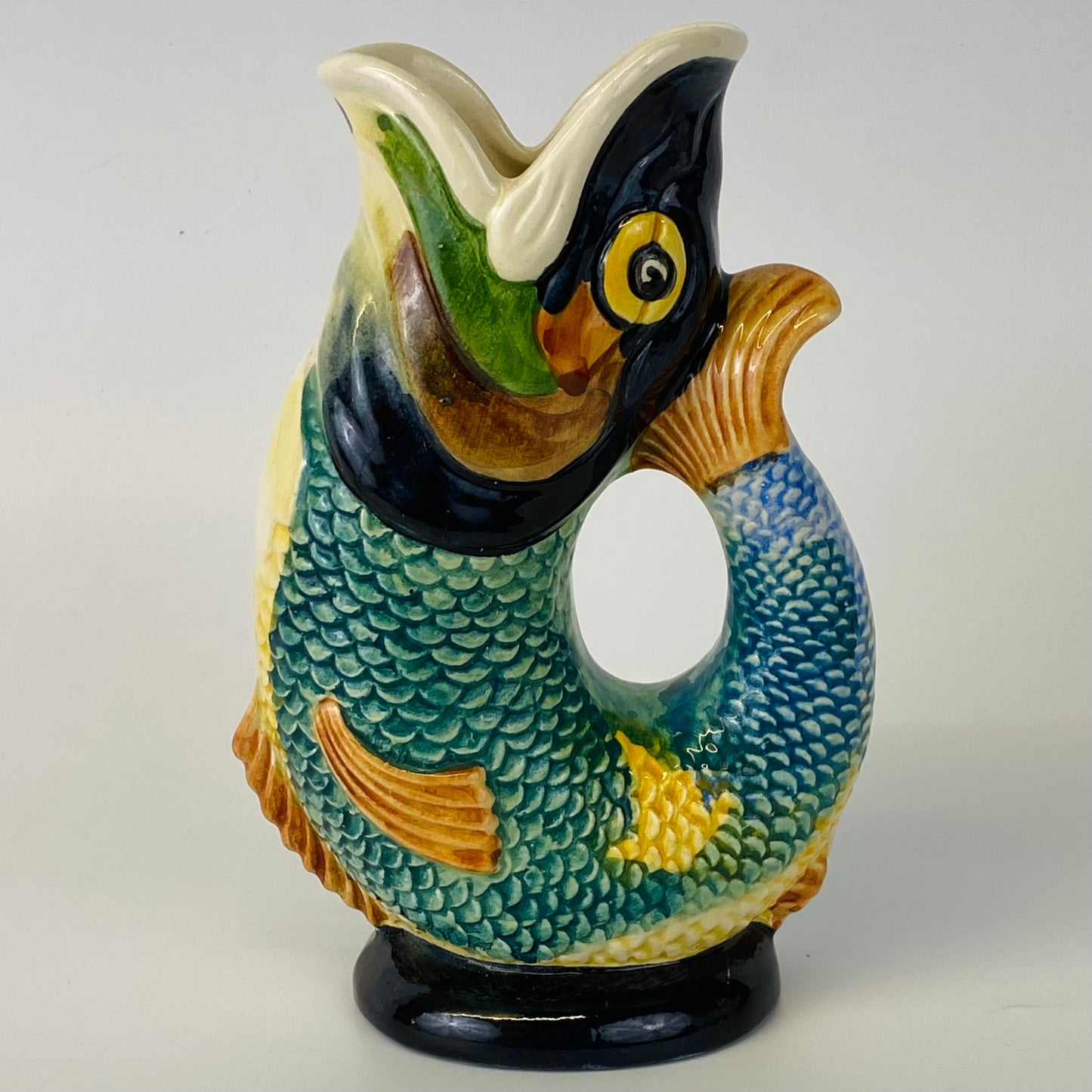 1950s Dartmouth Devon Pottery Vintage Fish Gluggle Jug Rare Multicoloured Pottery