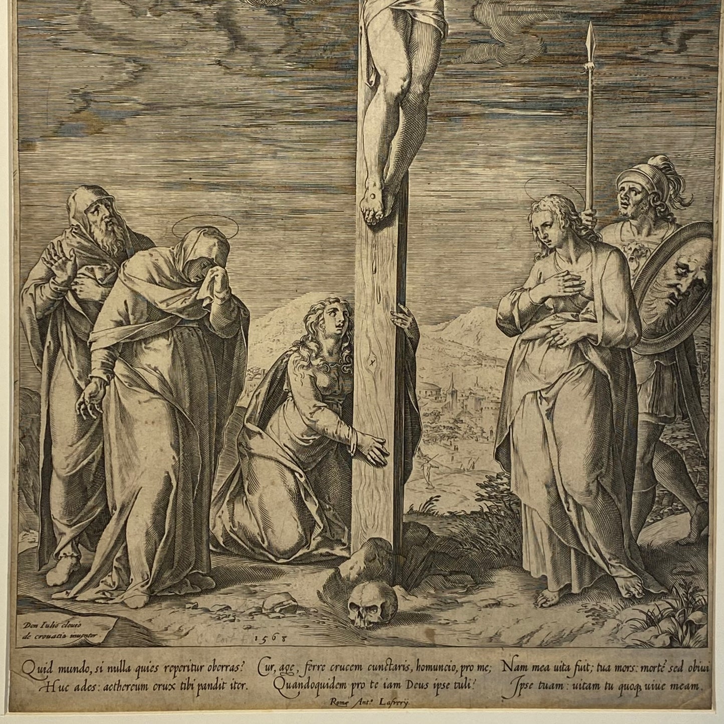 Antique Renaissance Crucifixion Engraving c.1568 by Clovio, Cort, Lafreri Print