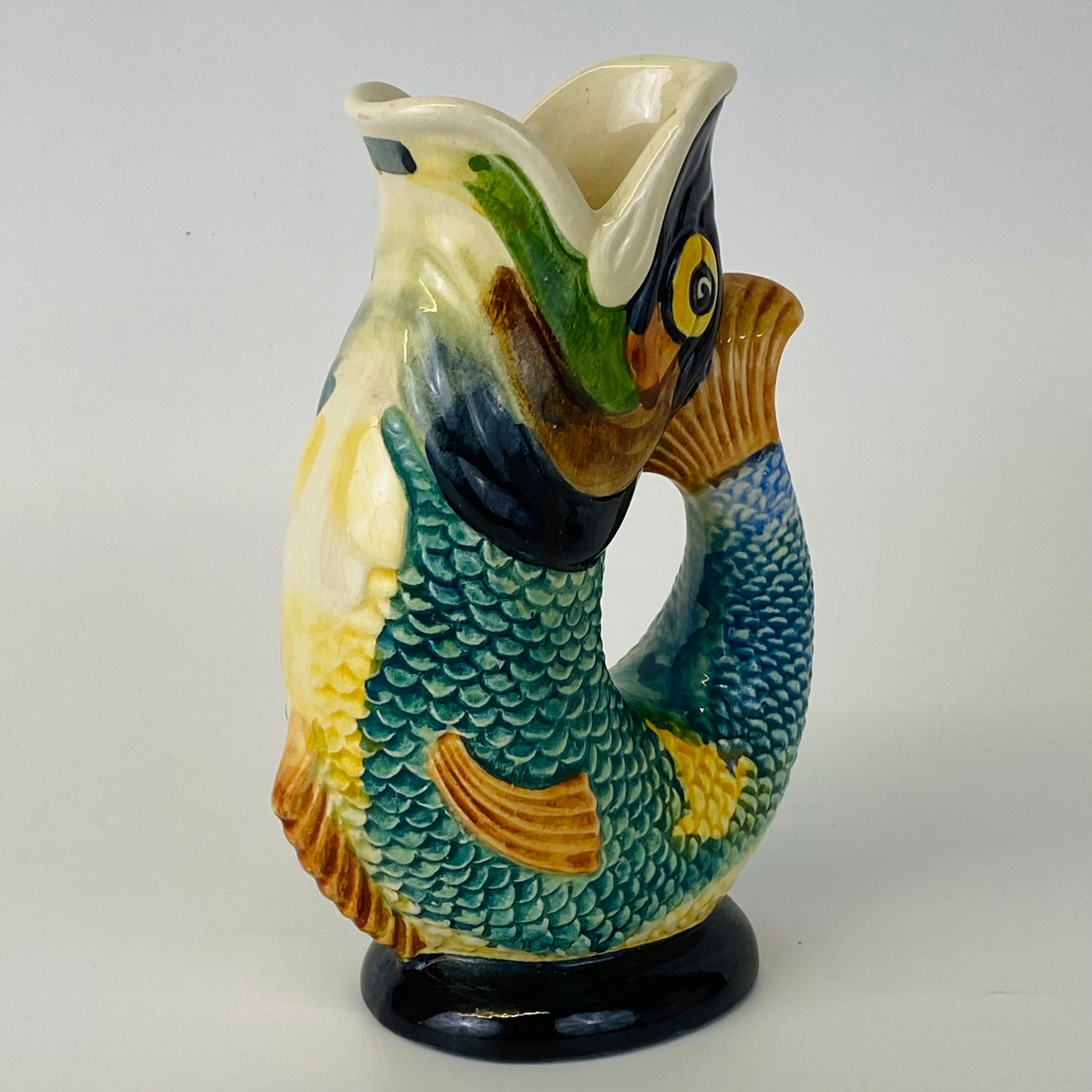 1950s Dartmouth Devon Pottery Vintage Fish Gluggle Jug Rare Multicoloured Pottery