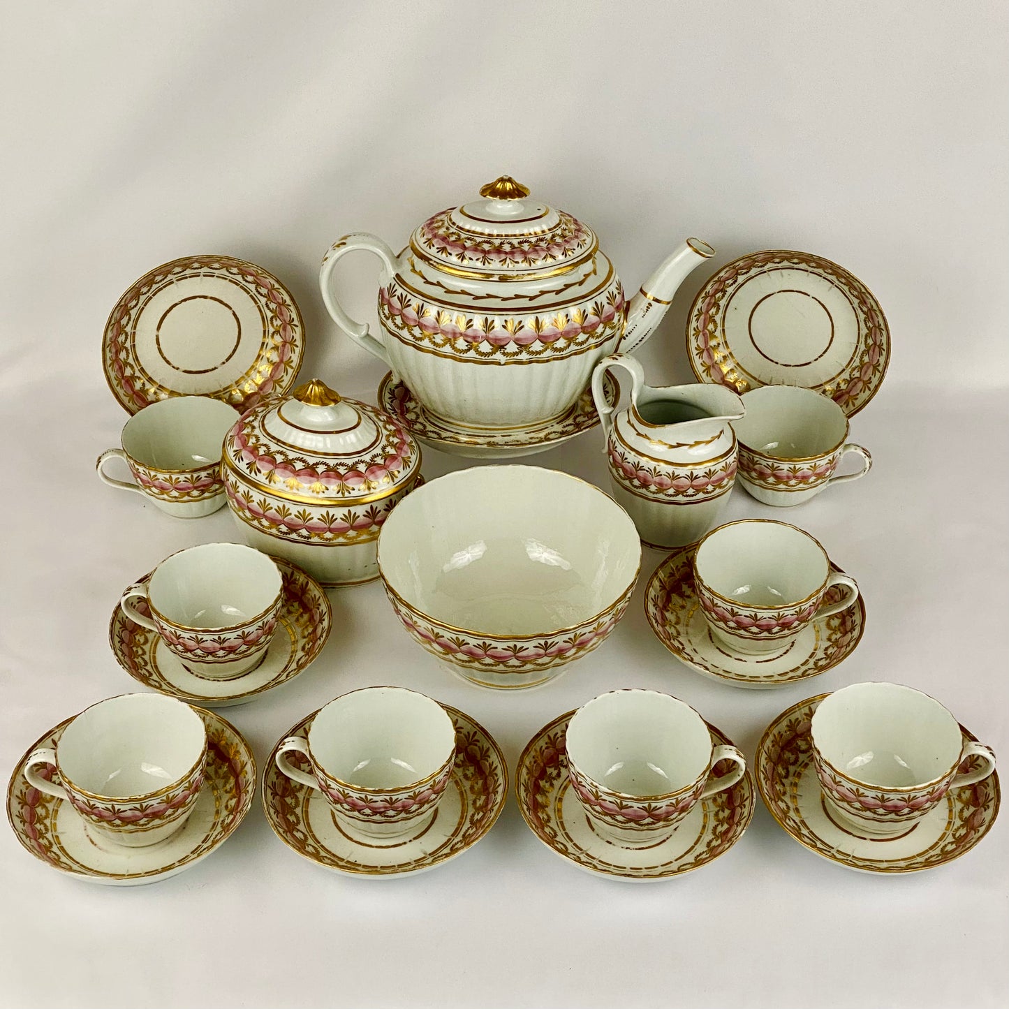 c1795 Coalport John Rose Fluted Tea Set Teapot, Teacup & Saucer, Sugar Bowl & Creamer