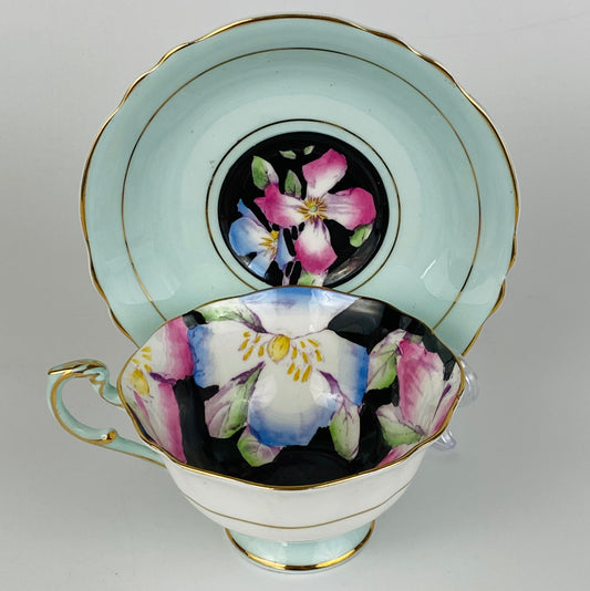 Paragon Black Primrose Tea Cup & Saucer Vintage c1939 Gilt Chintz Porcelain VGC