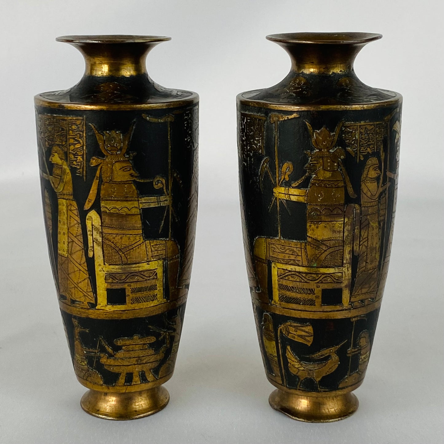 Japanese Pair of Antique Metal Baluster Vase Zougan Egyptian Scenes