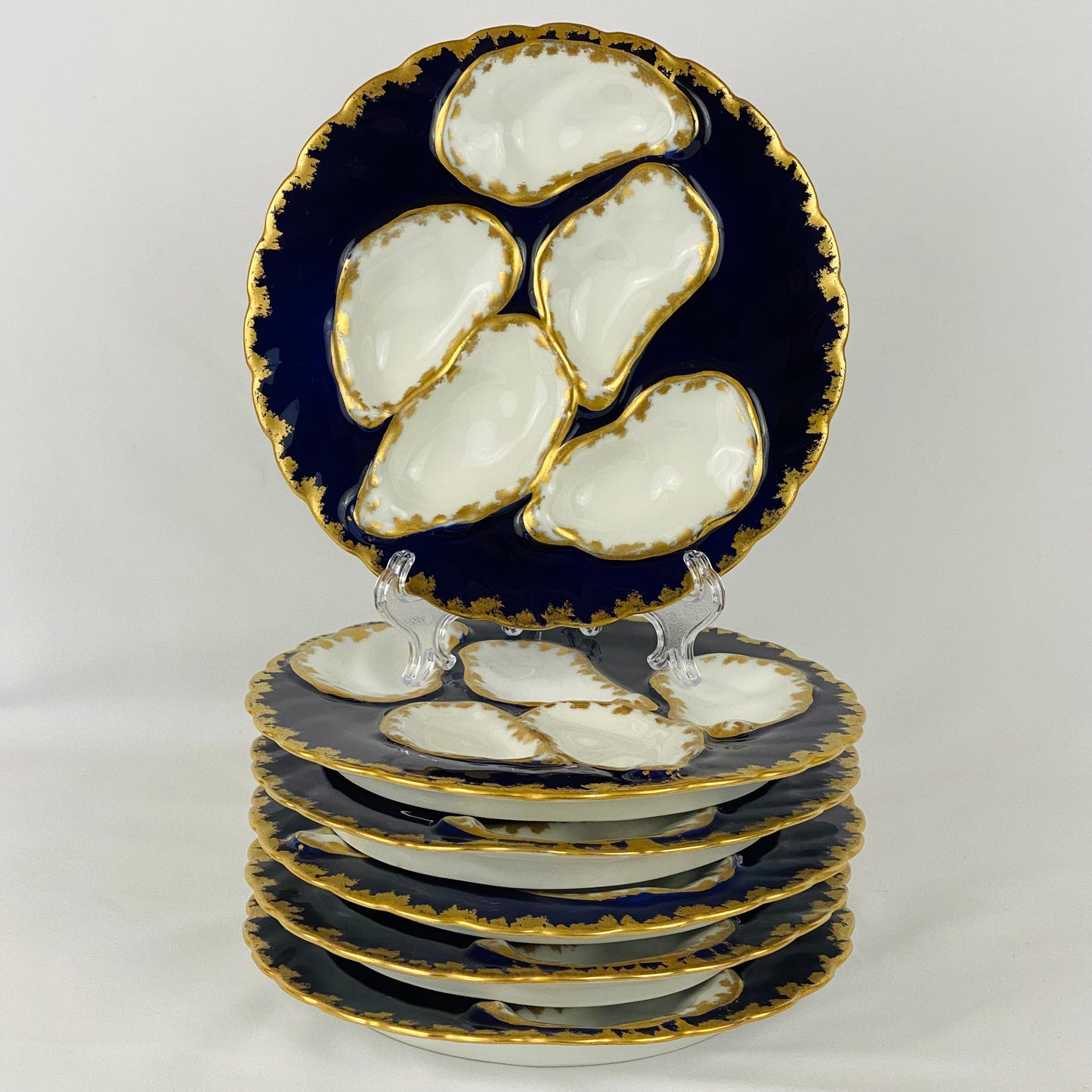 6 Antique Porcelain Limoges Cobalt Blue & Gold Oyster Plates