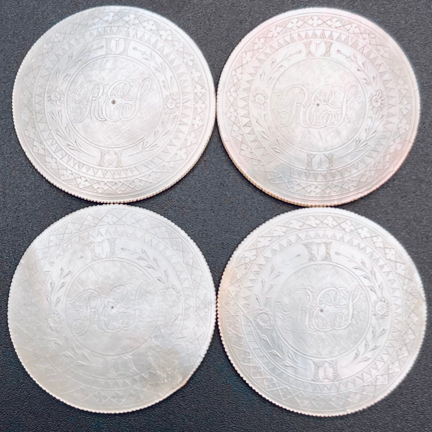 4 Antique 19thc Monogrammed Chinese Hand Carved Mother of Pearl Gaming Counter Tokens