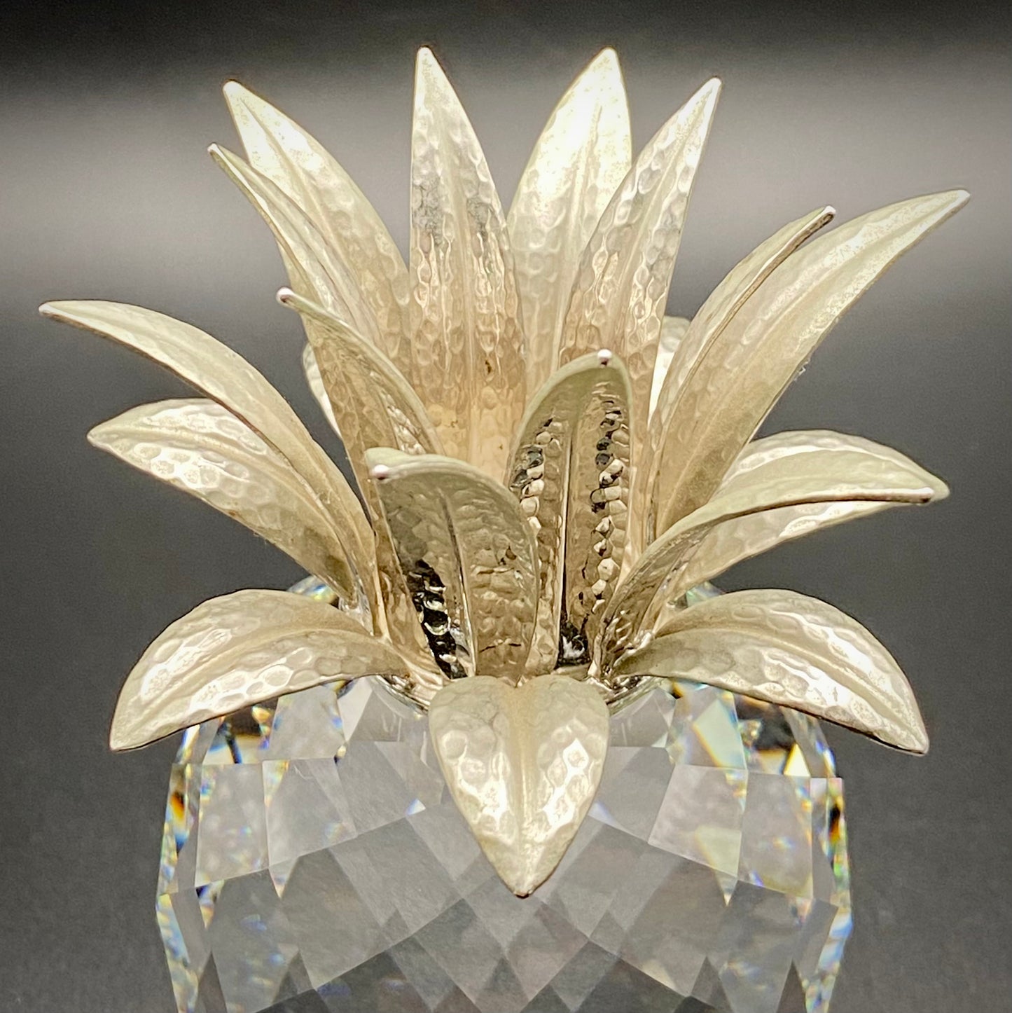 Swarovski Crystal Glass Pineapple Candle Holder Rhodium Hammered Leaves 7600132000 c1987