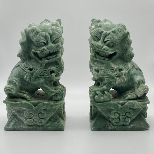 Chinese Antique Pair of Green Stone Fu Foo Temple Dogs Guardian Lions or Shishi