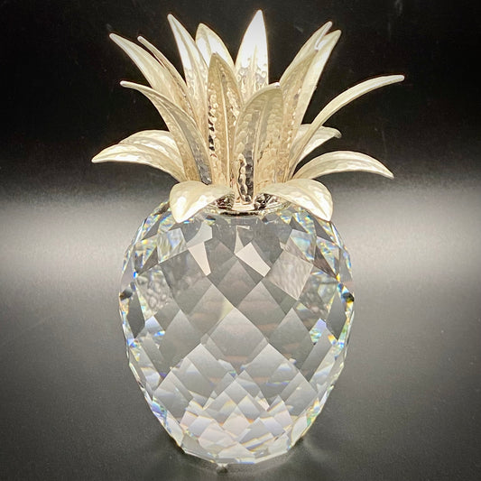 Swarovski Crystal Glass Pineapple Candle Holder Rhodium Hammered Leaves 7600132000 c1987