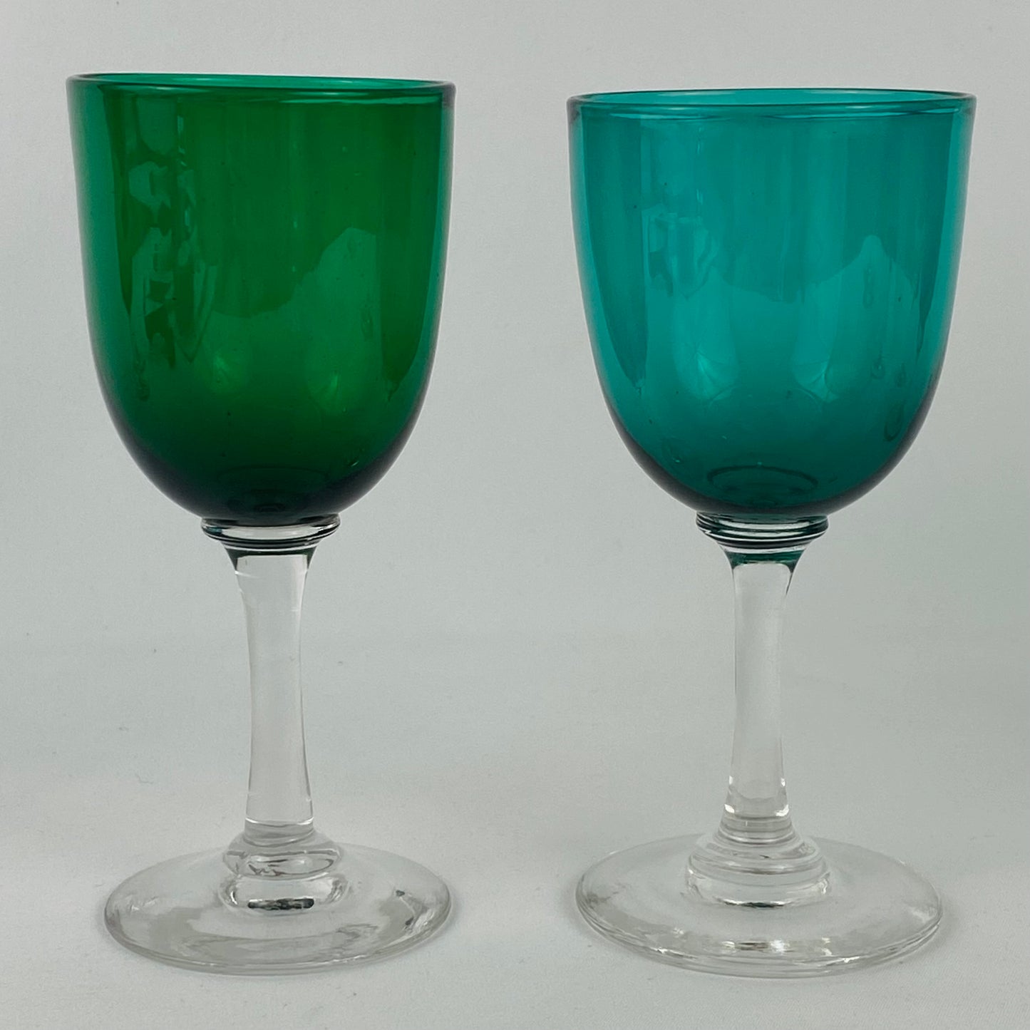 8  Antique Emerald Green Small Wine / Sherry Glass Clear Stem Bristol Studio