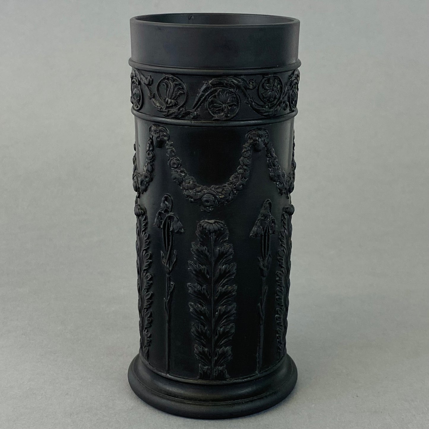 Wedgwood Black Basalt Antique Pair Pillar Spill Vases c1902 English Stoneware
