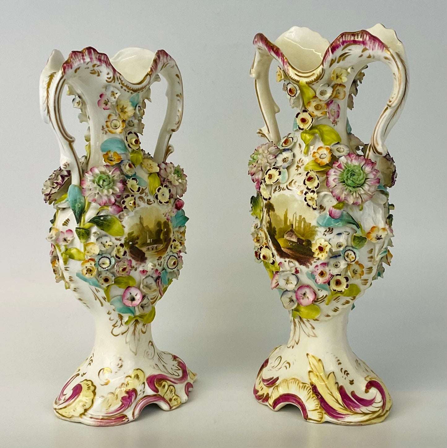 Antique Pair c1840 Vases Coalbrookedale Coalport Floral Encrusted Porcelain VGC