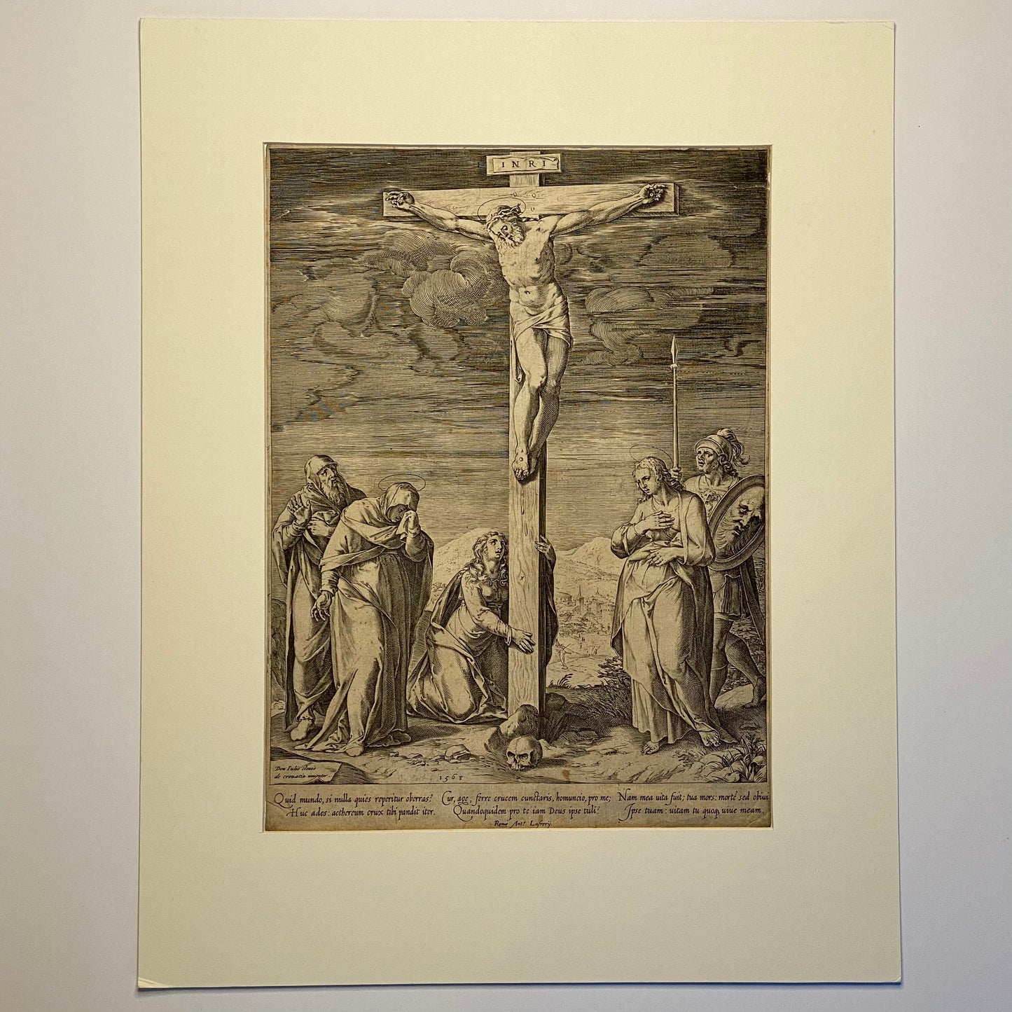 Antique Renaissance Crucifixion Engraving c.1568 by Clovio, Cort, Lafreri Print