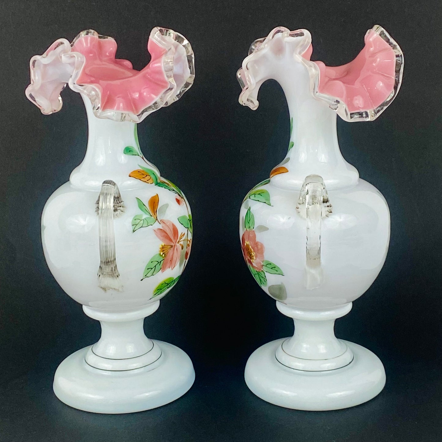 Rare Pair Fenton Vases Vtg c1940s Silver Crest Ruffle Milk Glass Pink & White
