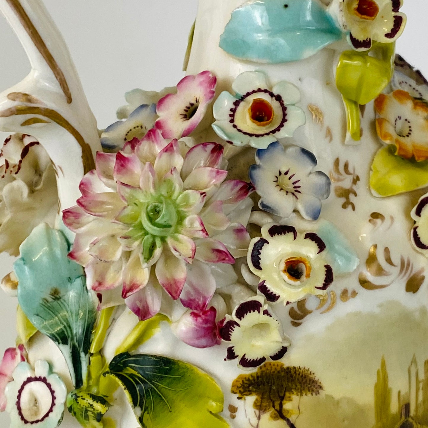 Antique Pair c1840 Vases Coalbrookedale Coalport Floral Encrusted Porcelain VGC