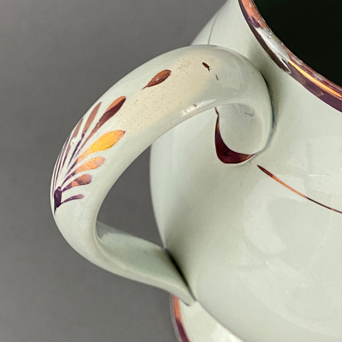 Antique Leeds Pearlware Pink Lustre Coffee Pot with Puce Transfer 18thc English