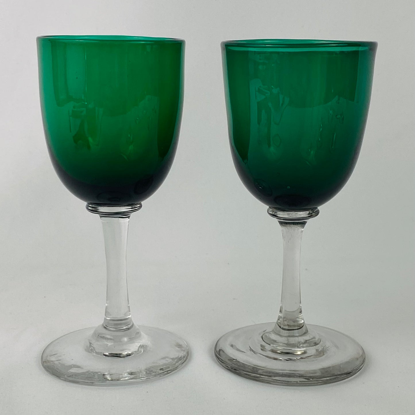 8  Antique Emerald Green Small Wine / Sherry Glass Clear Stem Bristol Studio
