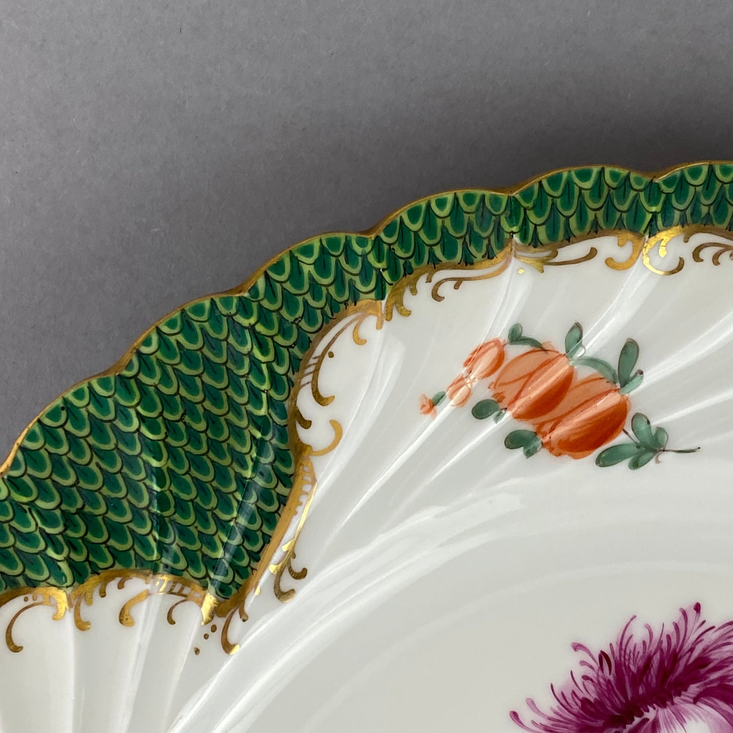 Antique Dresden Porcelain Plate Pair Floral Gold Gilt Rococo Revival Shell Rim