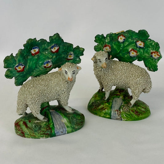 Staffordshire Sheep Antique Pair Ewe & Ram Confetti Bocage Victorian Flatback c1830+