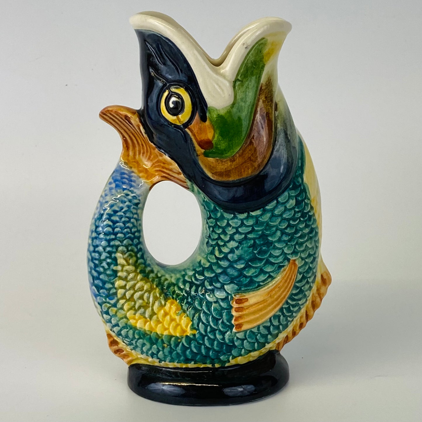 1950s Dartmouth Devon Pottery Vintage Fish Gluggle Jug Rare Multicoloured Pottery