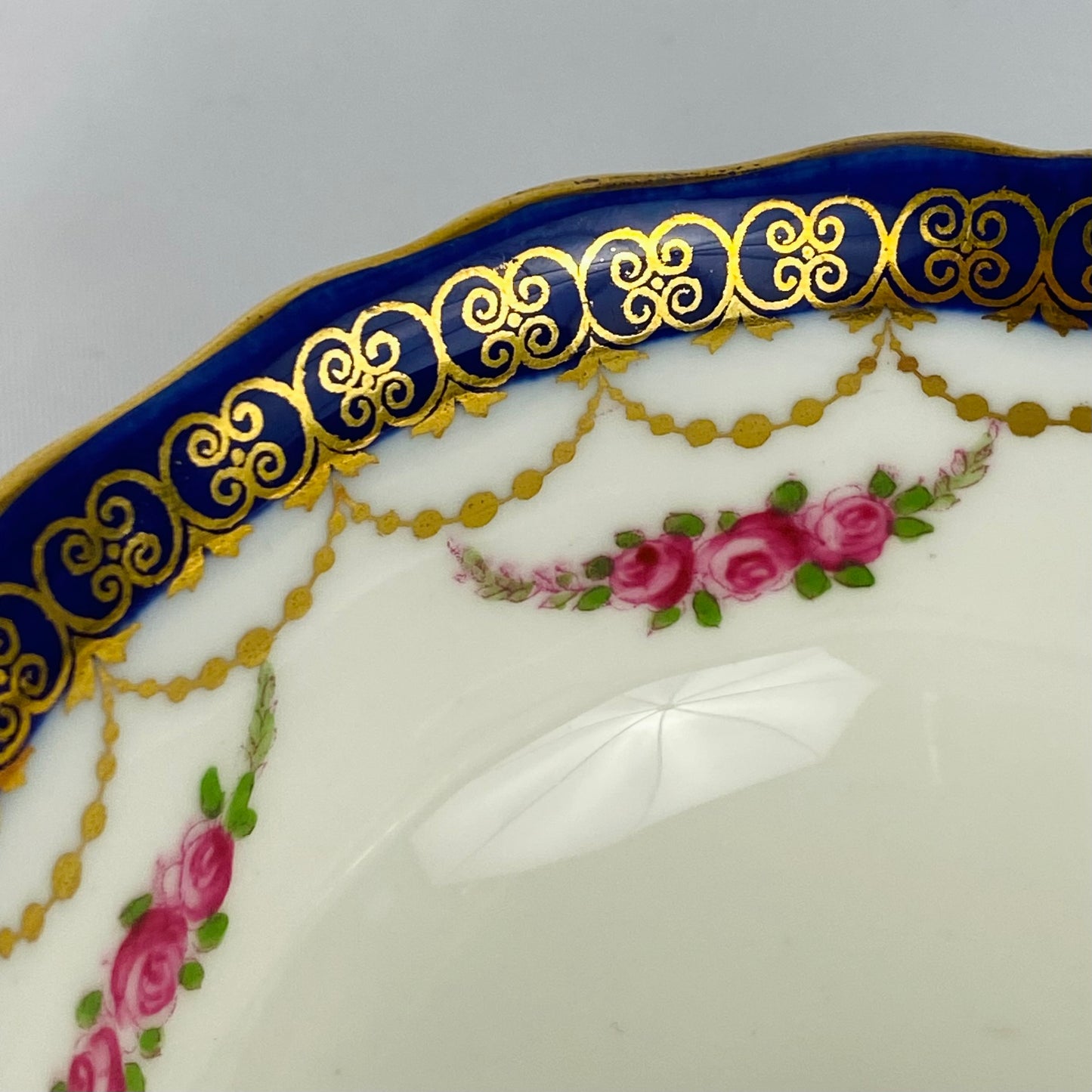 Antique Cauldon Tea Cup & Saucer Gold Gilt c1904 English Porcelain Rose Garland