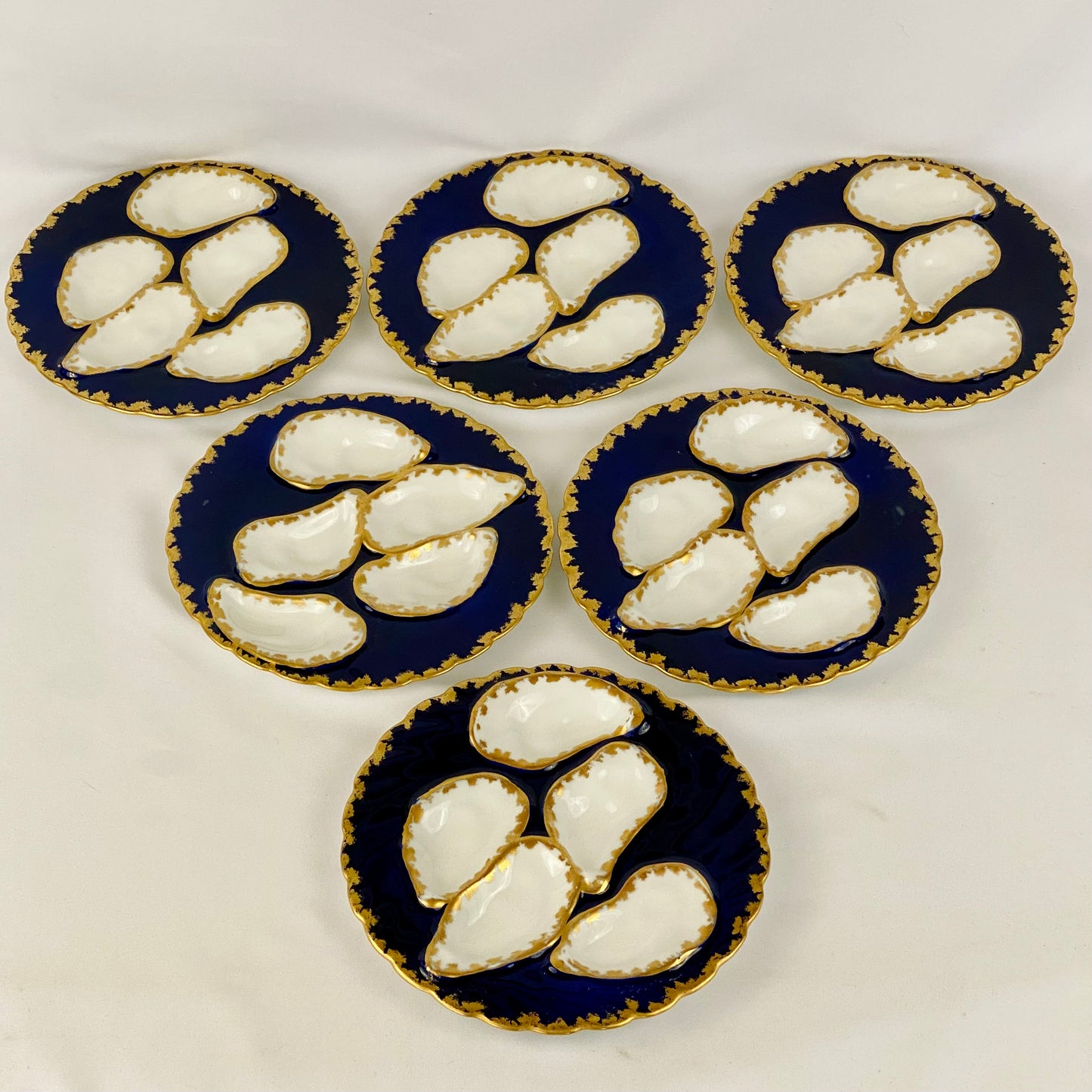 6 Antique Porcelain Limoges Cobalt Blue & Gold Oyster Plates