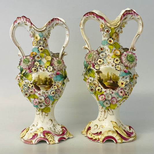 Antique Pair c1840 Vases Coalbrookedale Coalport Floral Encrusted Porcelain VGC