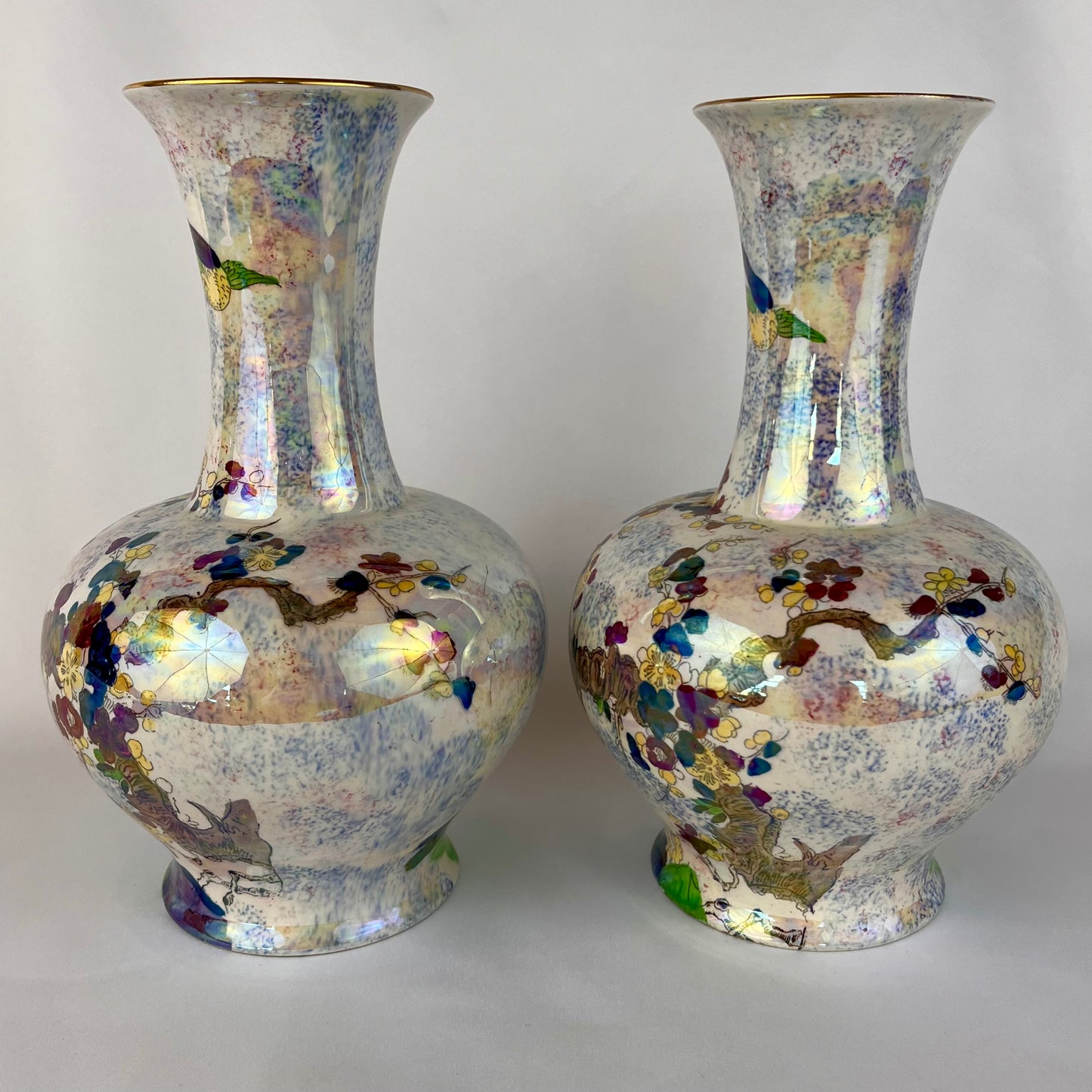 Antique c1923+ Pair of Wilton Ware A. J Harley Jones Chinoiserie Lustre Vases 10" Porcelain