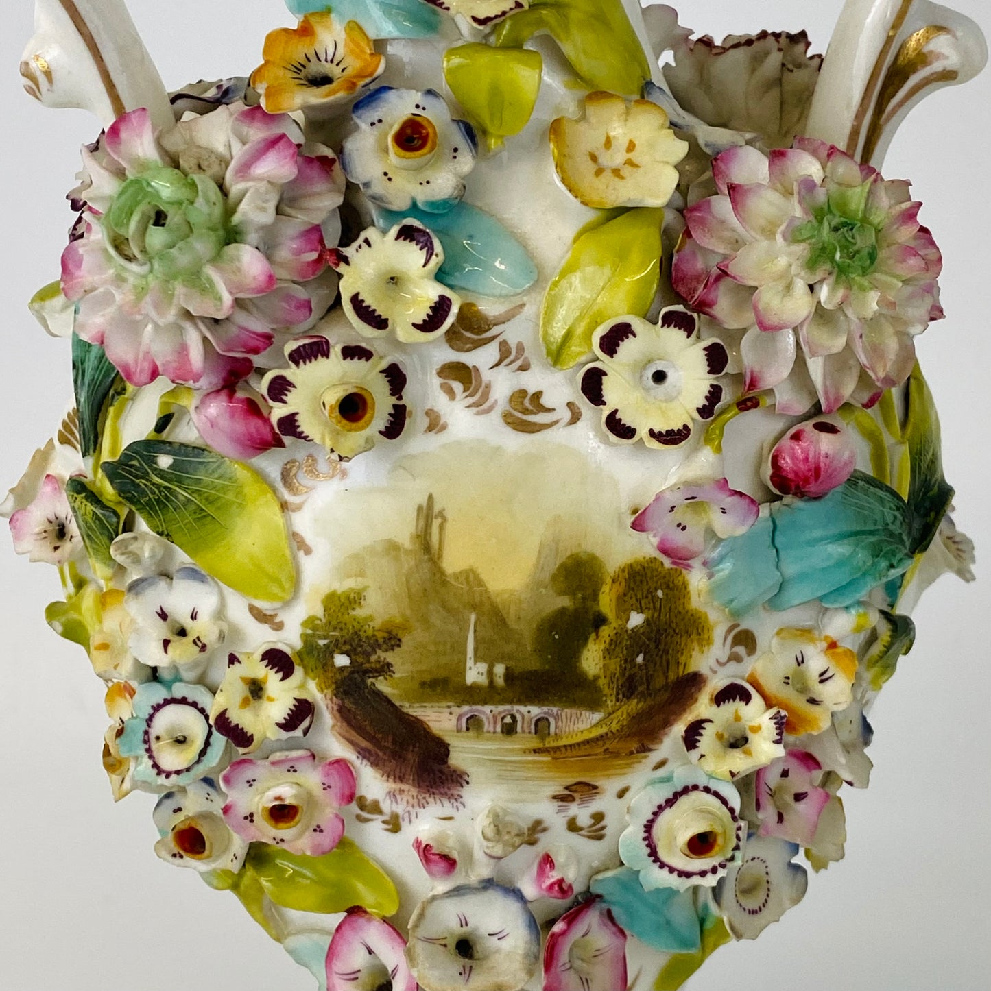 Antique Pair c1840 Vases Coalbrookedale Coalport Floral Encrusted Porcelain VGC