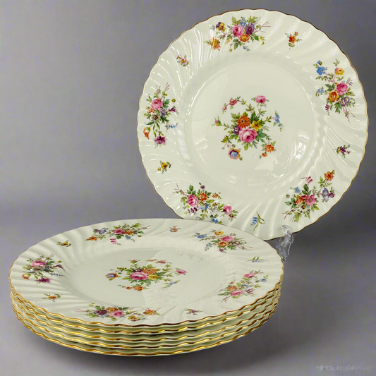Minton Marlow Dinner Plates Set x 6 Gold Gilt Floral 27cm ~ 10 & 5/8 VGC