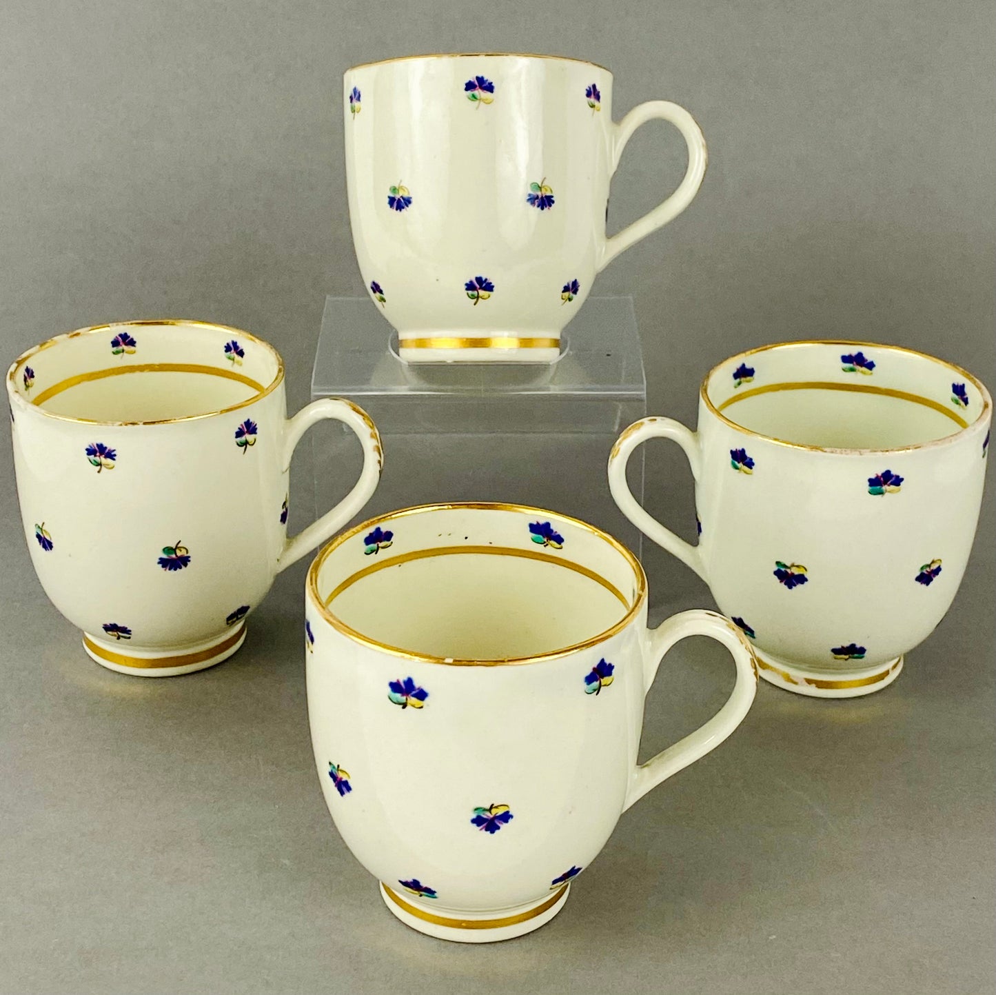 Set of 4 Caughley Cornflower Coffee Cups Gold Gilt 18thc Antique English Porcelain