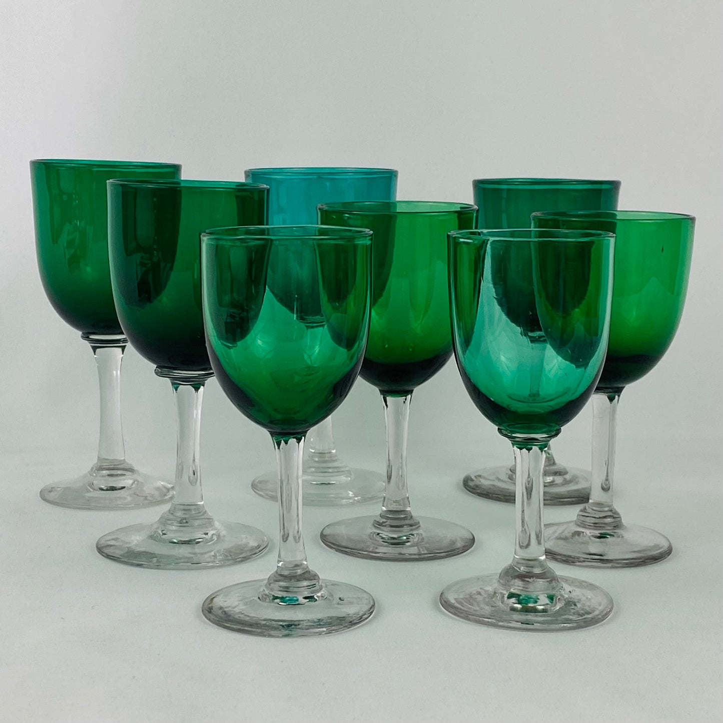 8  Antique Emerald Green Small Wine / Sherry Glass Clear Stem Bristol Studio