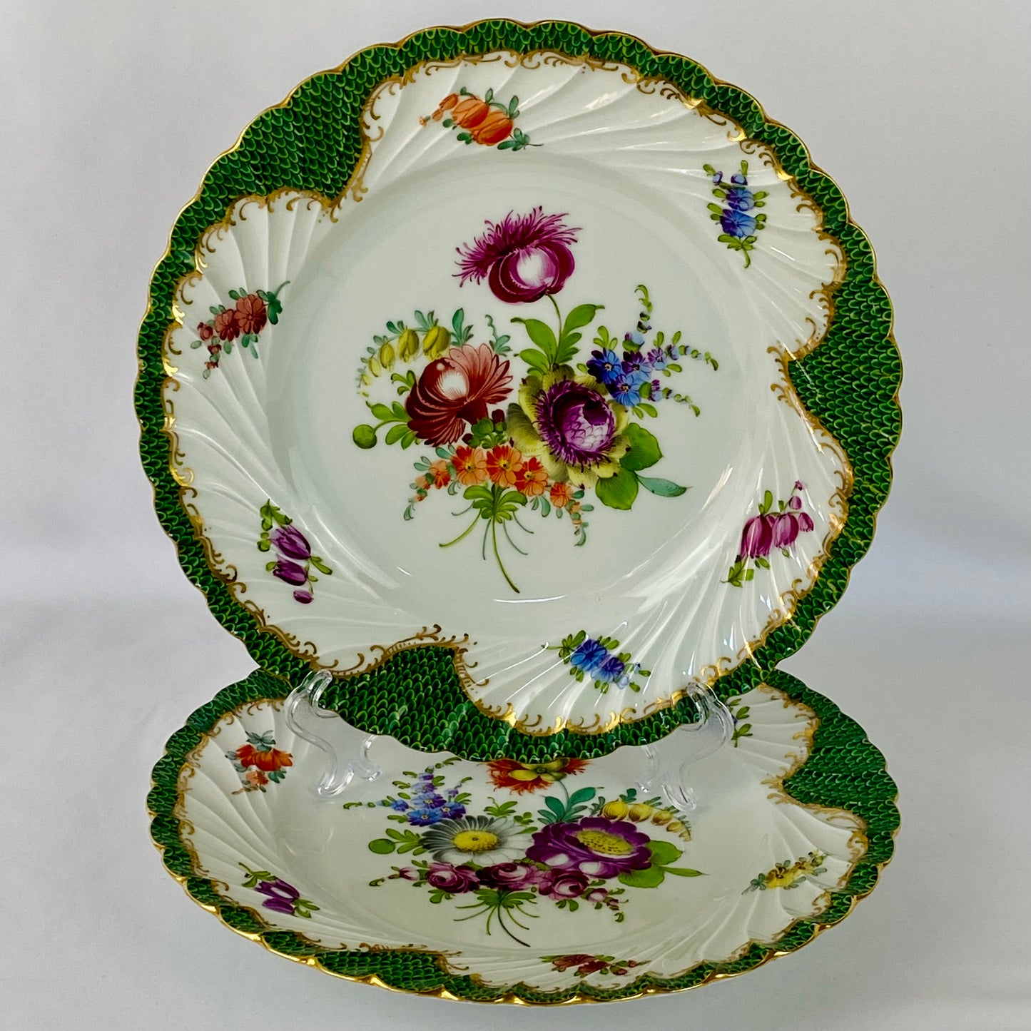 Antique Dresden Porcelain Plate Pair Floral Gold Gilt Rococo Revival Shell Rim