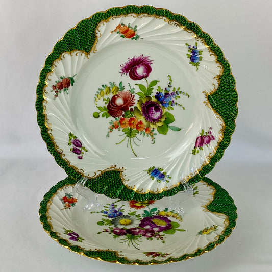 Antique Dresden Porcelain Plate Pair Floral Gold Gilt Rococo Revival Shell Rim