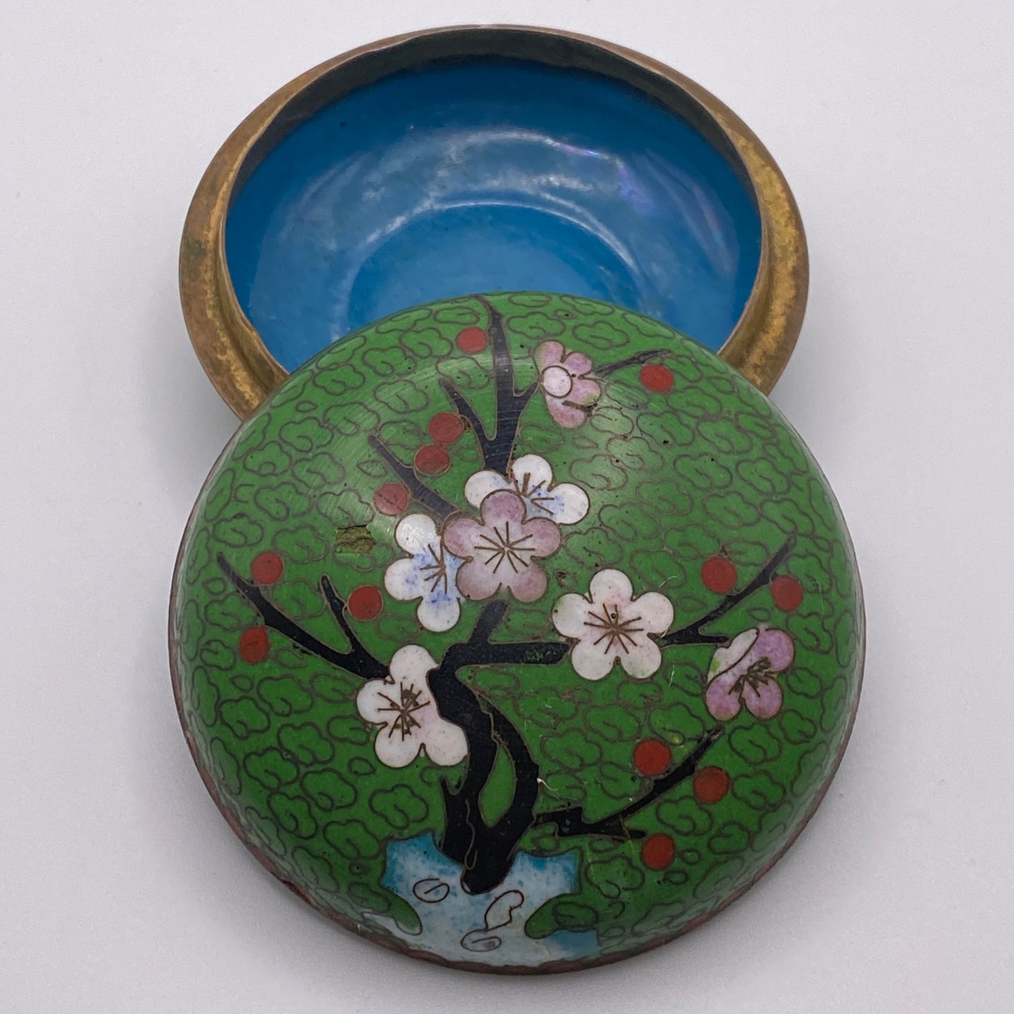 Vintage Chinese Cloisonne Copper Metal & Enamel Trinket Pot Cherry Blossom Pattern