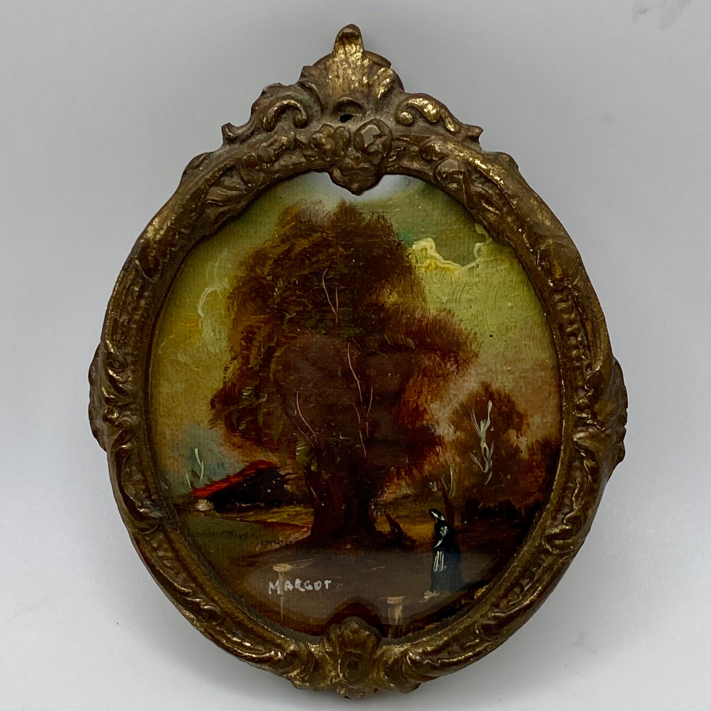 Antique Pair of 19th Century Brass Framed Miniature Oil Paintings