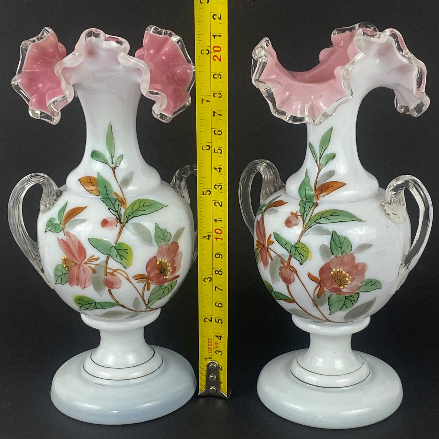 Rare Pair Fenton Vases Vtg c1940s Silver Crest Ruffle Milk Glass Pink & White