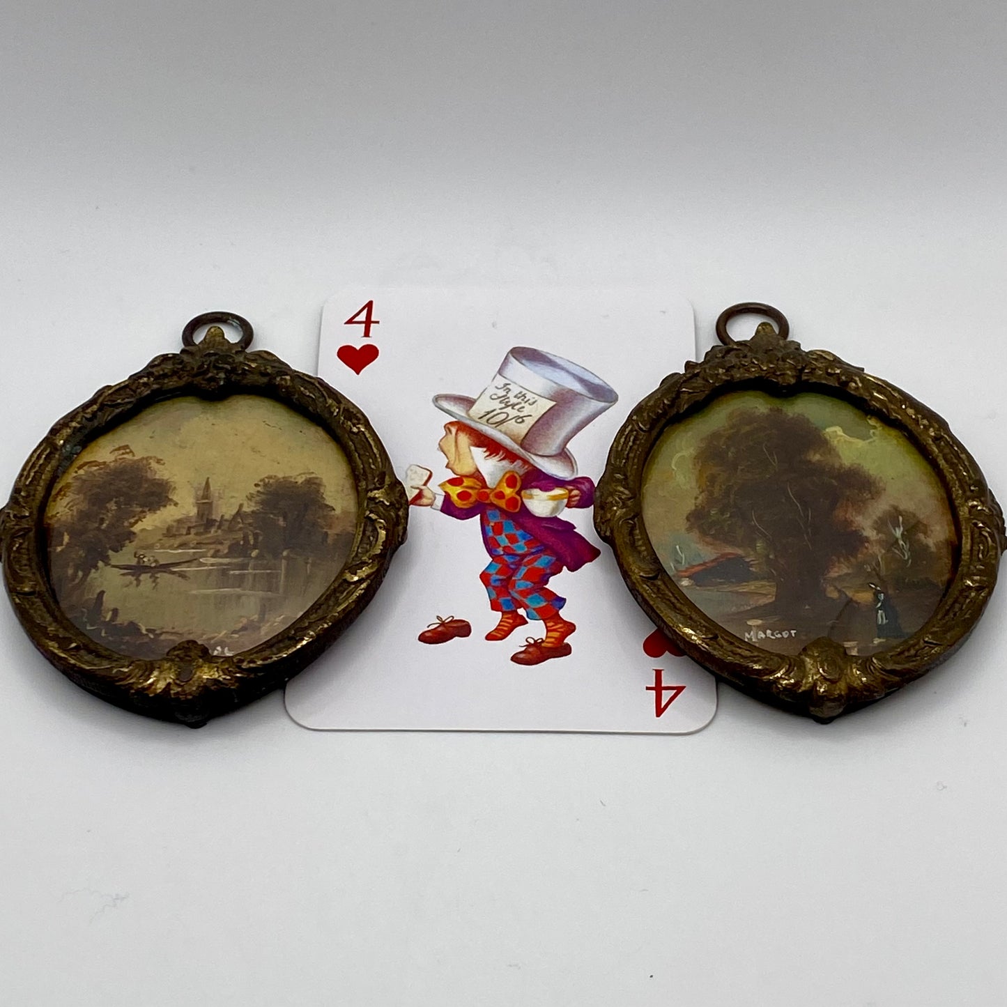 Antique Pair of 19th Century Brass Framed Miniature Oil Paintings