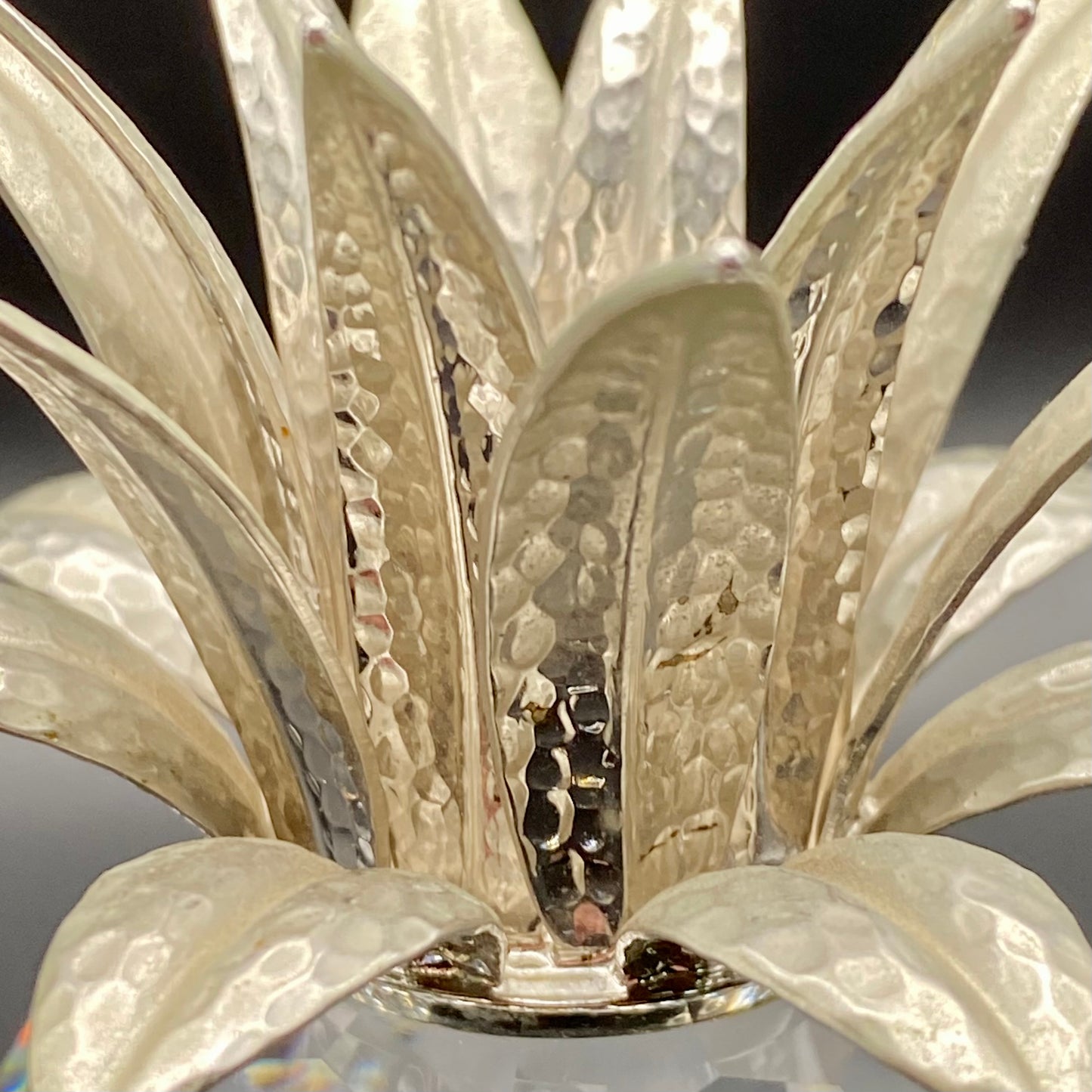 Swarovski Crystal Glass Pineapple Candle Holder Rhodium Hammered Leaves 7600132000 c1987