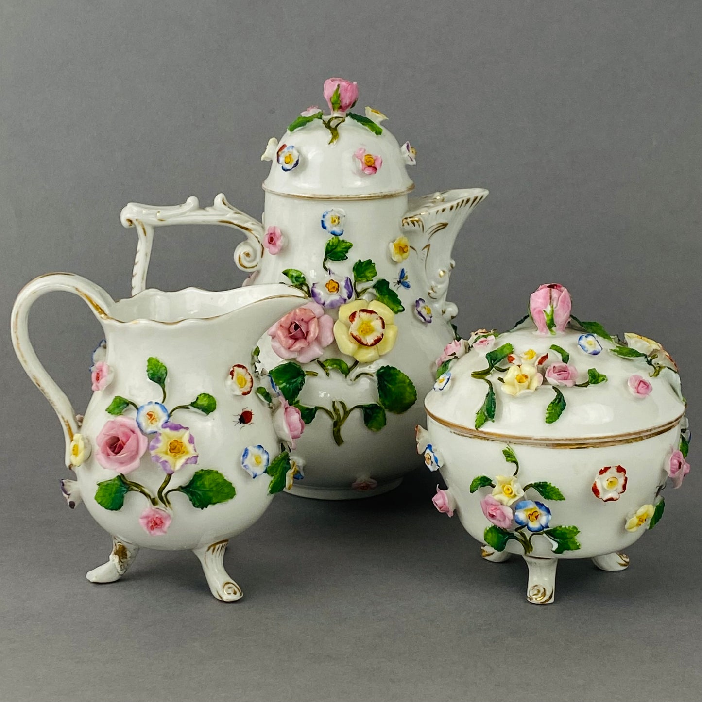 Antique Tea / Coffee Pot Set Meissen style Ernst Bohne Söhne Porcelain c1878+