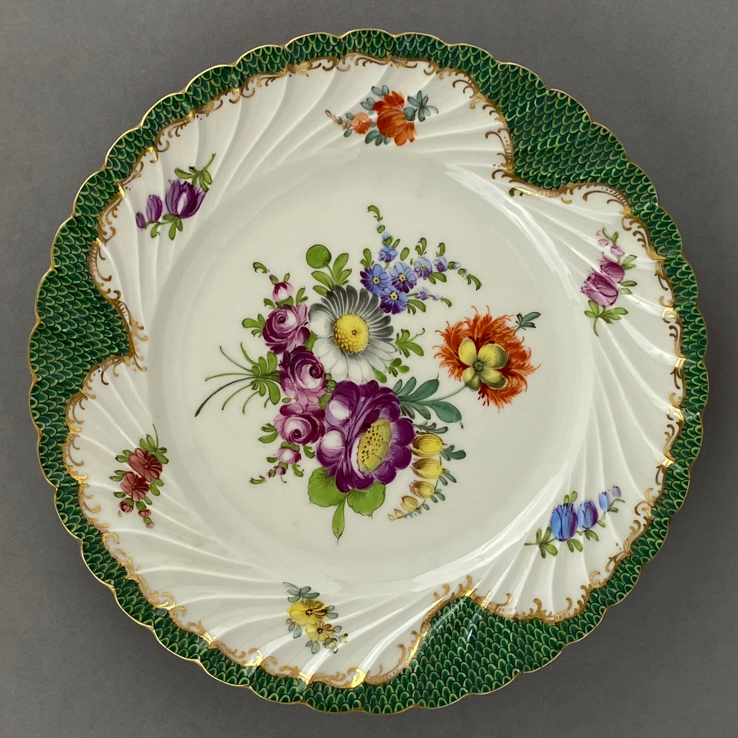 Antique Dresden Porcelain Plate Pair Floral Gold Gilt Rococo Revival Shell Rim